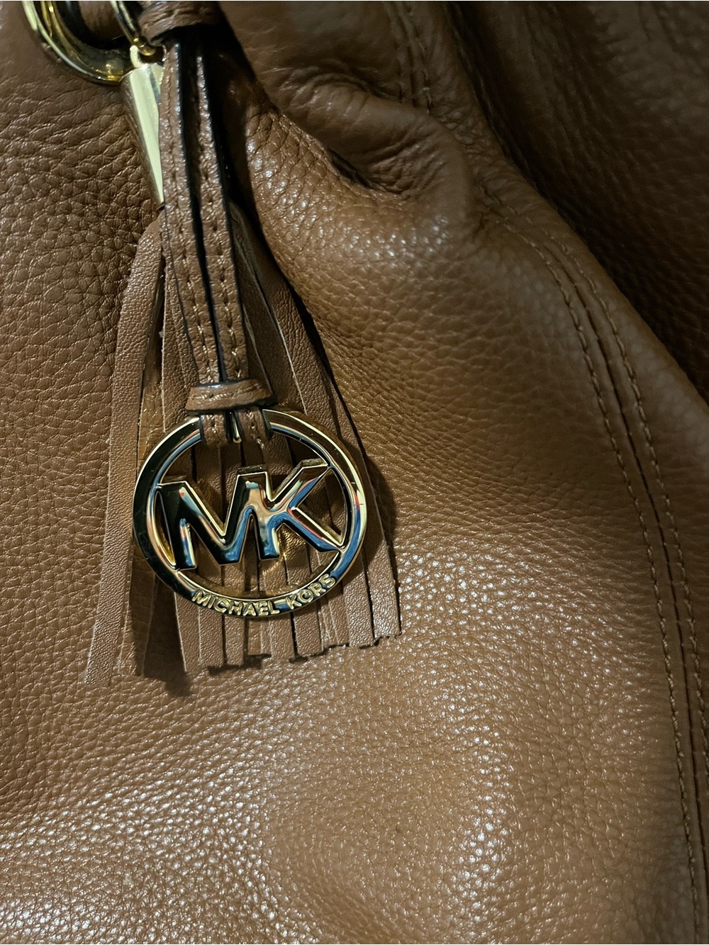 Michael Kors Tan Pebbled Leather Shoulder Bag with MK Tassel Charm